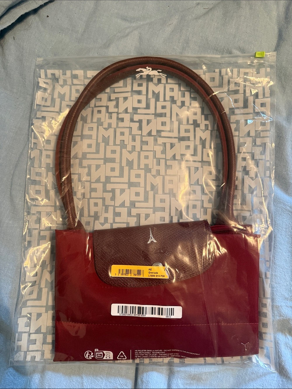 Longchamp Burgundy Large Tote Bag with Leather Flap and hot stamped from Paris